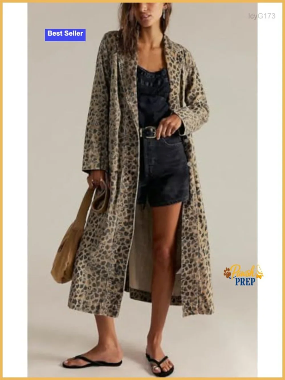 Leopard Print Denim Trench Coat Distressed Midi Jean Jacket Overcoat